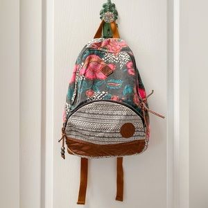 Roxy Small Aztec Floral Bohemian Summer Canvas and Faux Leather Backpack